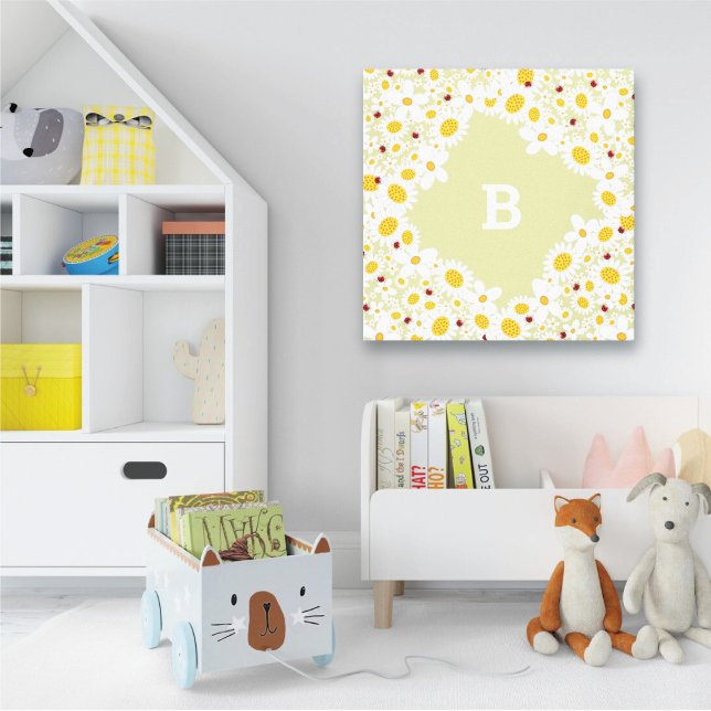 White Daisis and Ladybugs Girl Kinderzimmer Leinwa Leinwanddruck (White Daisies and Ladybugs With Monogram Girl's Nursery / Kid's Room Canvas Wall Art @ fat_fa_tin)