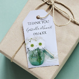 White Daisis in Blue Jar Vase Gastgeschenk Hochzei Geschenkanhänger