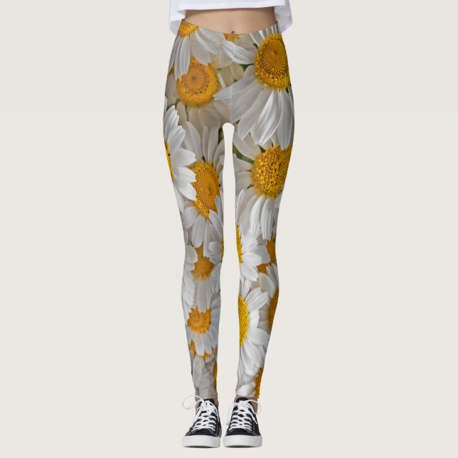 White Daisis: Schöner Blumenhintergrund Leggings (Vorderseite)