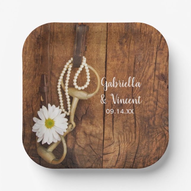 White Daisy and Horse Bit Country Western Hochzeit Pappteller (Vorderseite)