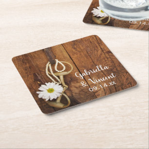 White Daisy and Horse Bit Country Western Hochzeit Rechteckiger Pappuntersetzer