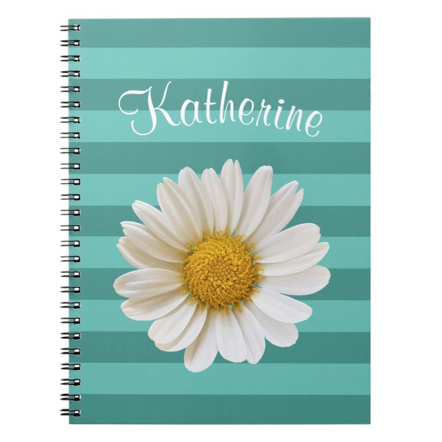 White Daisy Aquamarin Strip Individuelle Name Notizblock (Vorderseite)