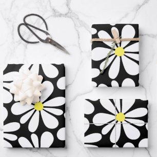 White Daisy auf Black Floral Geschenkpapier Set