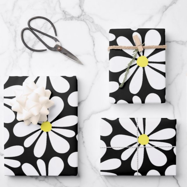 White Daisy auf Black Floral Geschenkpapier Set (Von Creator hochgeladen)