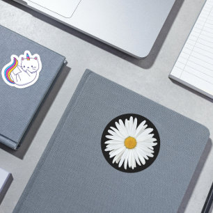 White Daisy auf Black Floral Runder Aufkleber