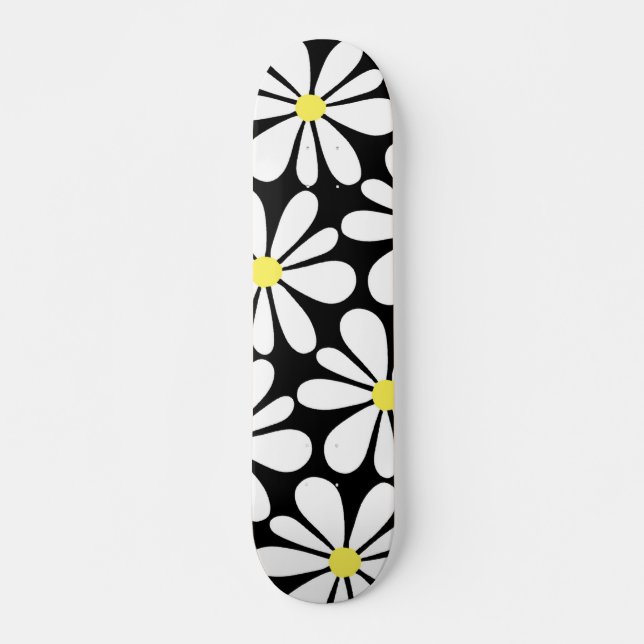 White Daisy auf Black Floral Skateboard (Vorne)