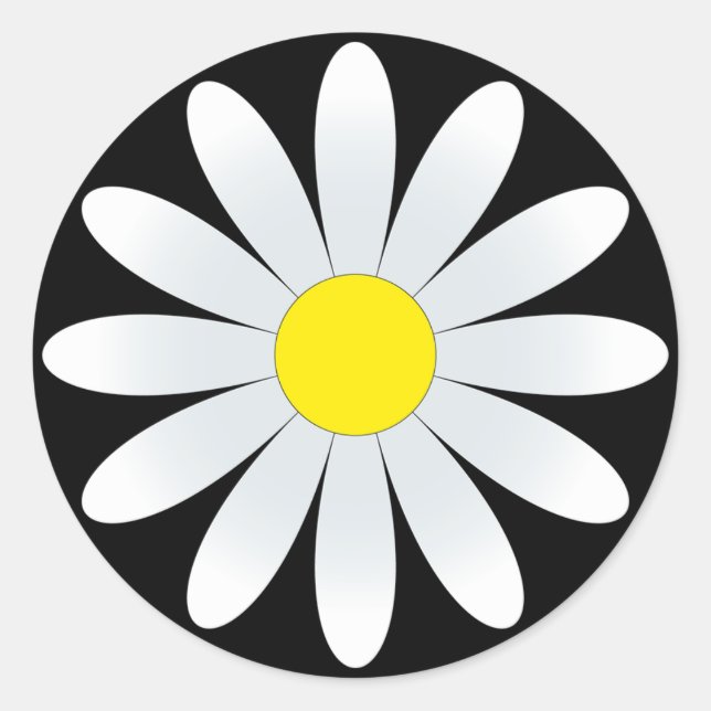 White Daisy auf Schwarz Classic Round Sticker (Vorderseite)