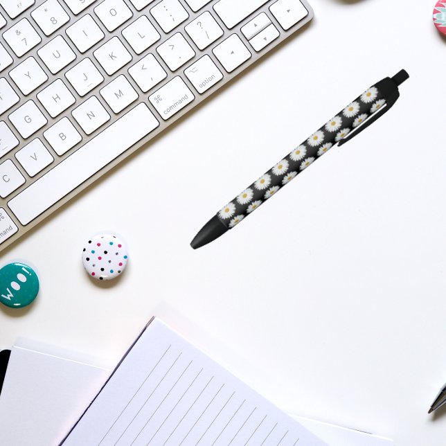 White Daisy auf Schwarz-Flora-Muster Kugelschreiber (In Situ)