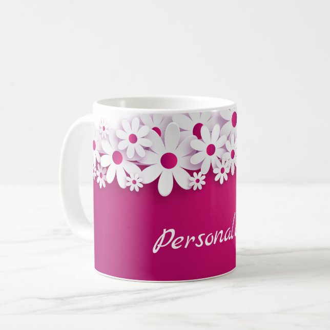 White Daisy Blossom Magenta Pink Floral Bloom Kaffeetasse (Vorderseite Links)