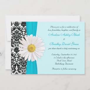 White Daisy Blue Black Damask Einladung