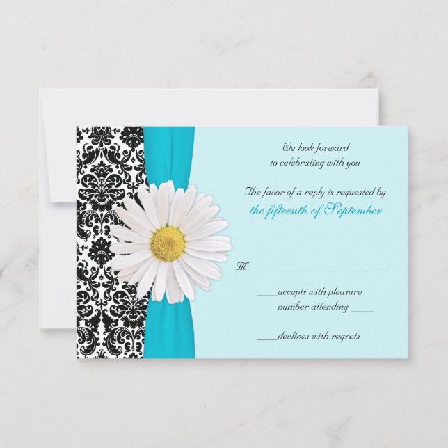 White Daisy Blue Black Damask Wedding Repair Card RSVP Karte (Vorderseite)