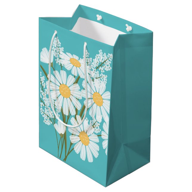 White Daisy Blume auf Aquamarin Mittlere Geschenktüte (Rückseite Schrägansicht)