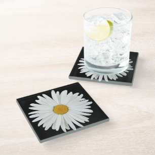 White Daisy Blume auf Black Floral Glasuntersetzer