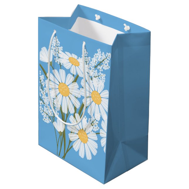 White Daisy Blume auf Blue Mittlere Geschenktüte (Rückseite Schrägansicht)