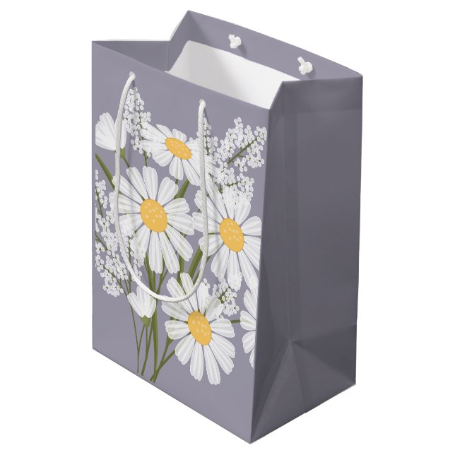 White Daisy Blume auf Lavender Mittlere Geschenktüte (Rückseite Schrägansicht)