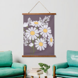 White Daisy Blume Bouquet auf Dunkel Lila Wandteppich Mit Holzrahmen