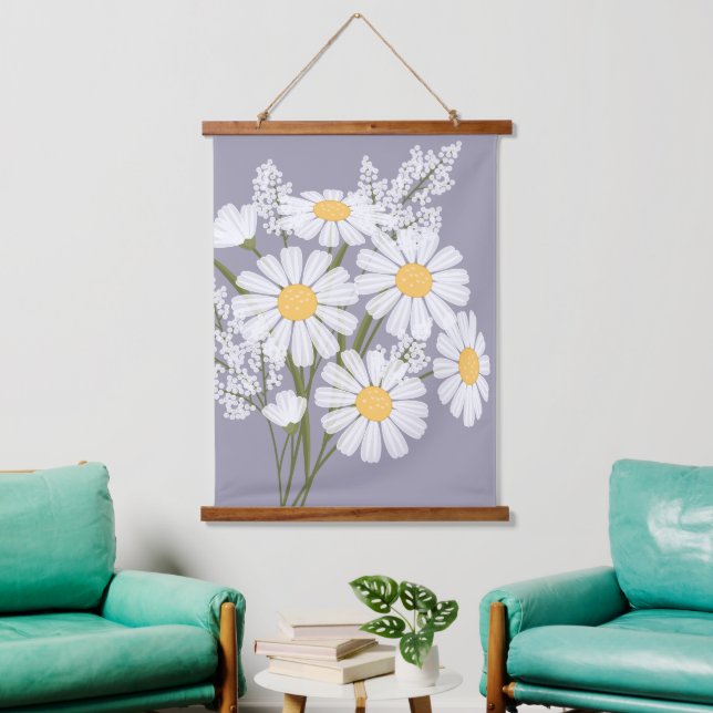 White Daisy Blume Bouquet auf Lavender Wandteppich Mit Holzrahmen (Wohnzimmer)