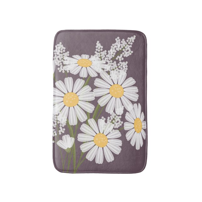 White Daisy Blume Bouquet auf Plum Lila Badematte (Vorderseite Vertikal)