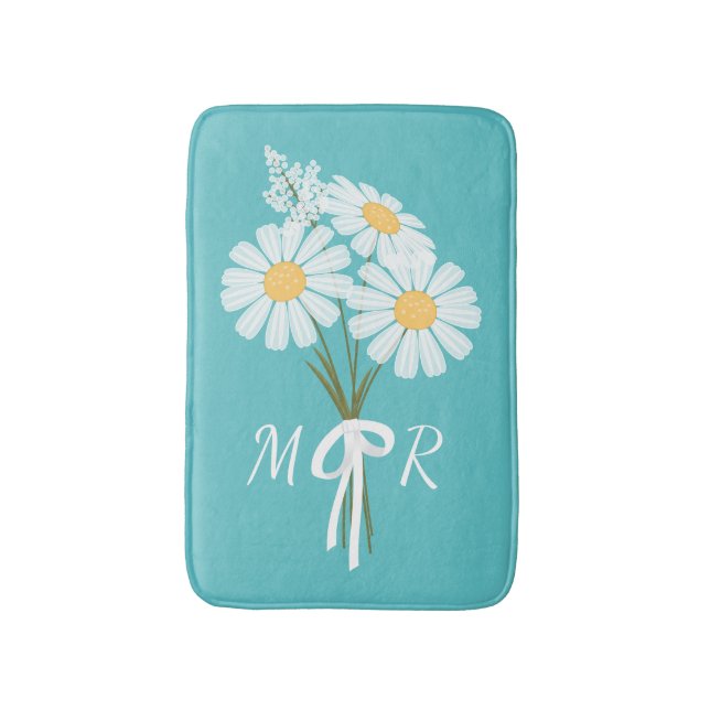 White Daisy Blume Bouquet Monogram auf Aquamarin Badematte (Vorderseite Vertikal)