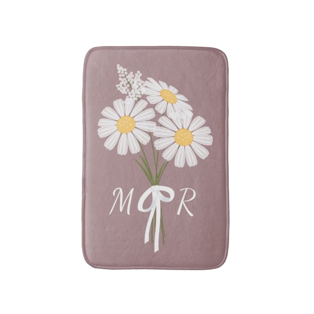 White Daisy Blume Bouquet Monogram on Dark Pink Badematte (Vorderseite Vertikal)