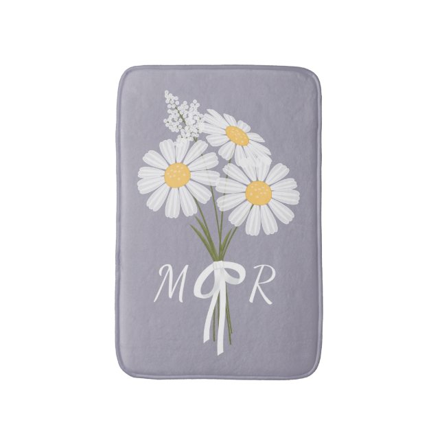 White Daisy Blume Bouquet Monogram on Lavender Badematte (Vorderseite Vertikal)