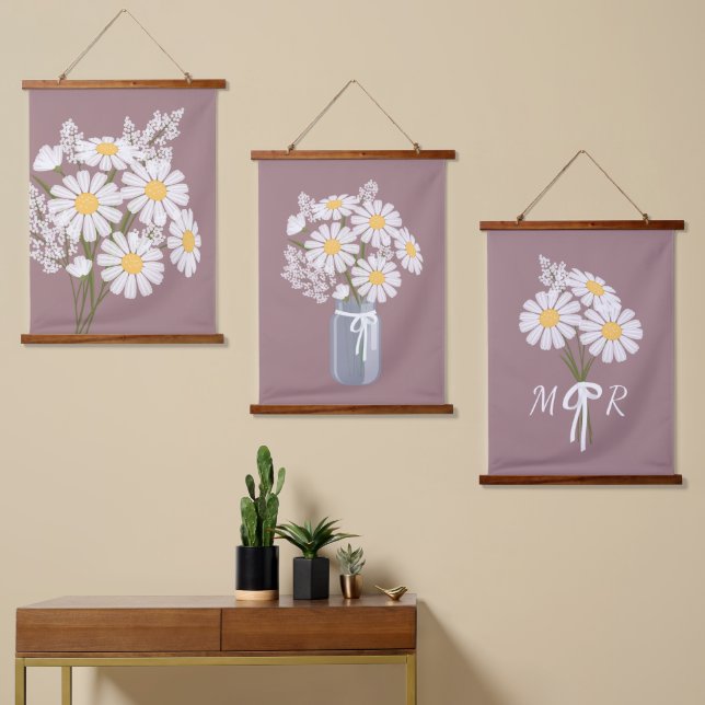 White Daisy Blume Bouquet Rosy Brown Set 3 Wandteppich Mit Holzrahmen (Asymmetrisch)
