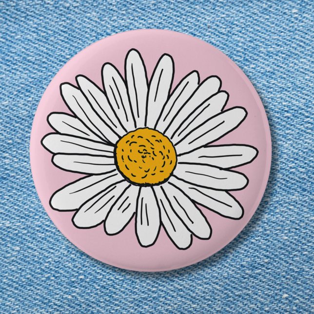 White Daisy Blume Floral Doodle Art Button (In situ)
