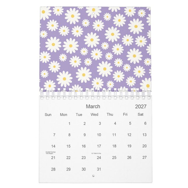 White Daisy Blume Lila Muster 2026 Kalender (Mär 2027)