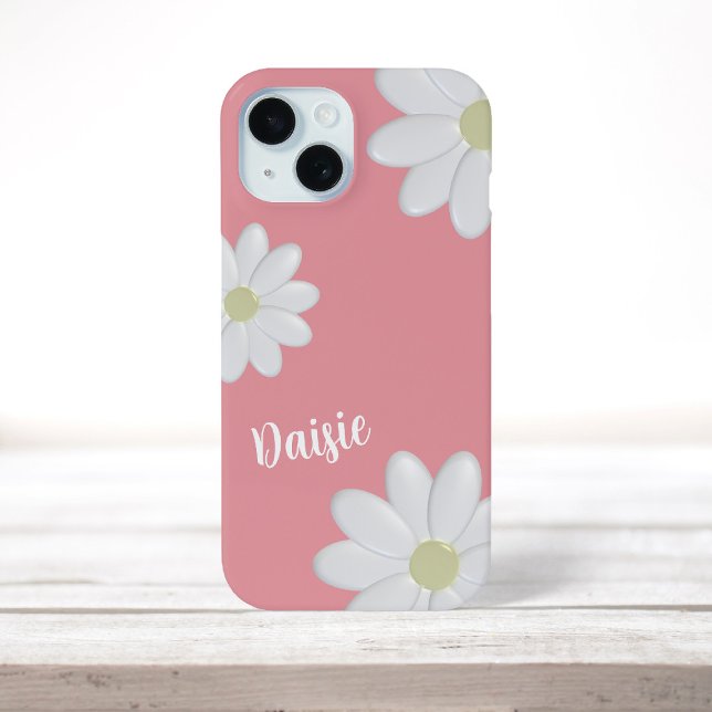 White Daisy Blume Niedlich Lachs Pink Girly Floral Case-Mate iPhone Hülle (A cute pink and white daisy phone case with space for your name)
