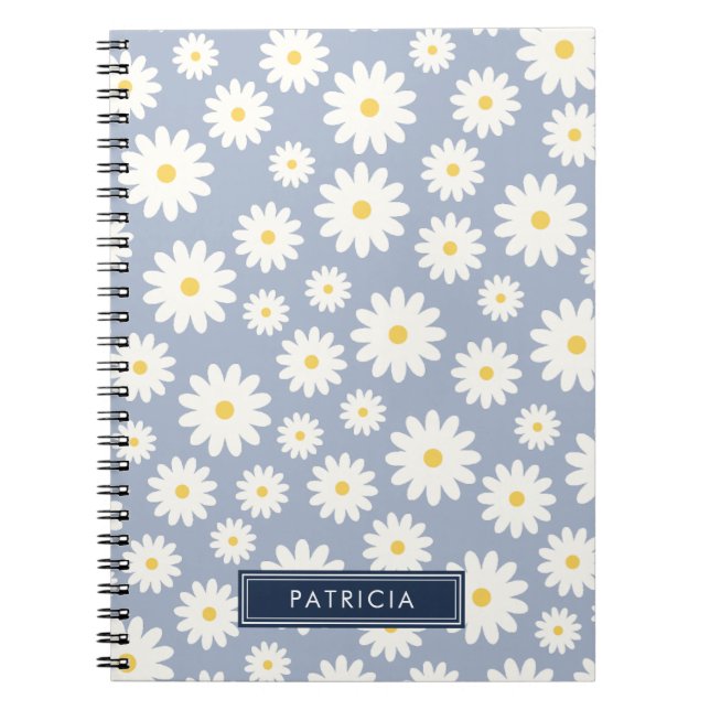 White Daisy Blume Pattern Dusty Blue Personalisier Notizblock (Vorderseite)