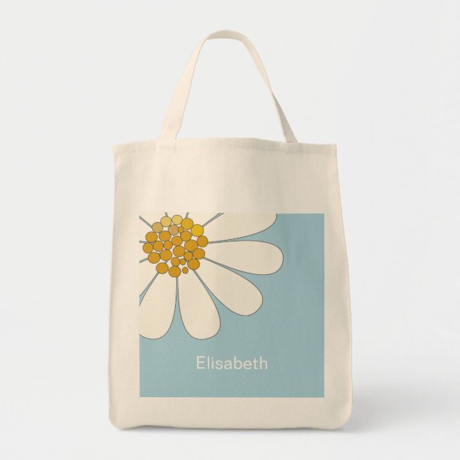 White Daisy Blume und Blue Personalize Name Tragetasche (Vorne)