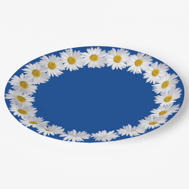 White Daisy Border on Blue Pappteller (Schrägansicht)