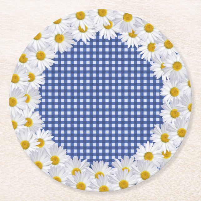 White Daisy Border on Gingham Runder Pappuntersetzer (Vorderseite)