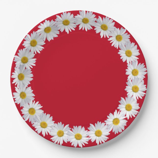White Daisy Border on Red Pappteller (Vorderseite)