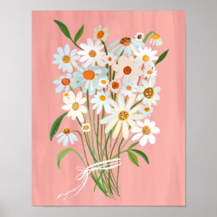 White Daisy Bouquet auf Pink Gouache Malerei Art Poster