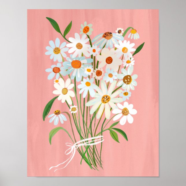 White Daisy Bouquet auf Pink Gouache Malerei Art Poster (Vorne)