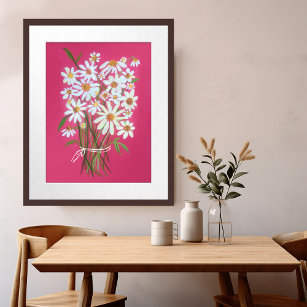 White Daisy Bouquet auf Pink Gouache Malerei Art Poster