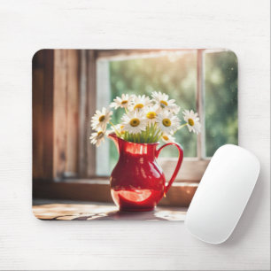 White Daisy Bouquet in Red Pitcher Mousepad