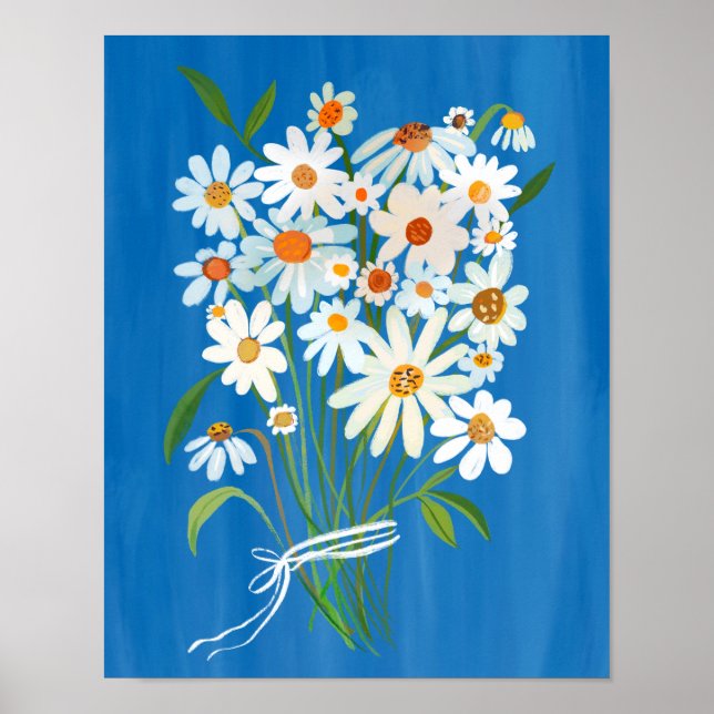 White Daisy Bouquet über Blue Gouache Malerei Art Poster (Vorne)
