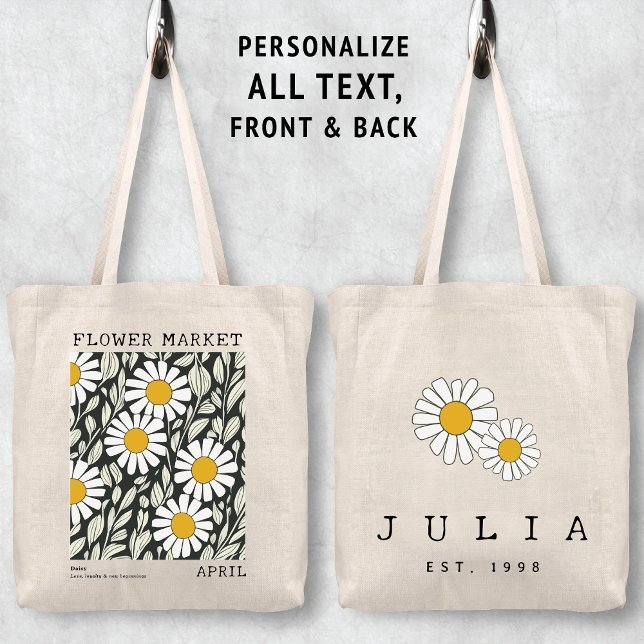 White Daisy Floral April Geburtsname Blume Tragetasche (Personalized April Birth Flower Market Tote Bag, Custom Name Tote, Bachelorette Bridesmaid Gifts )