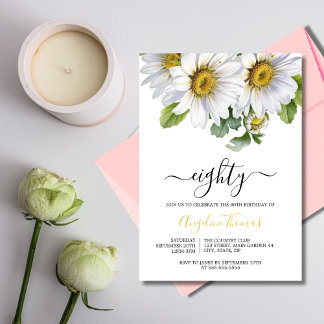 White Daisy Floral Greenery Script Geburtstag Einladung