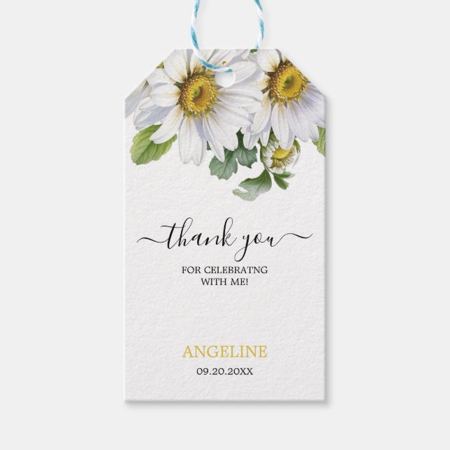 White Daisy Floral Greenery Script Geburtstag Geschenkanhänger (Vorderseite)