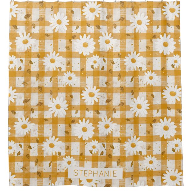 White Daisy Floral Pattern on Yellow Gingham (2) Duschvorhang (Vorderseite)