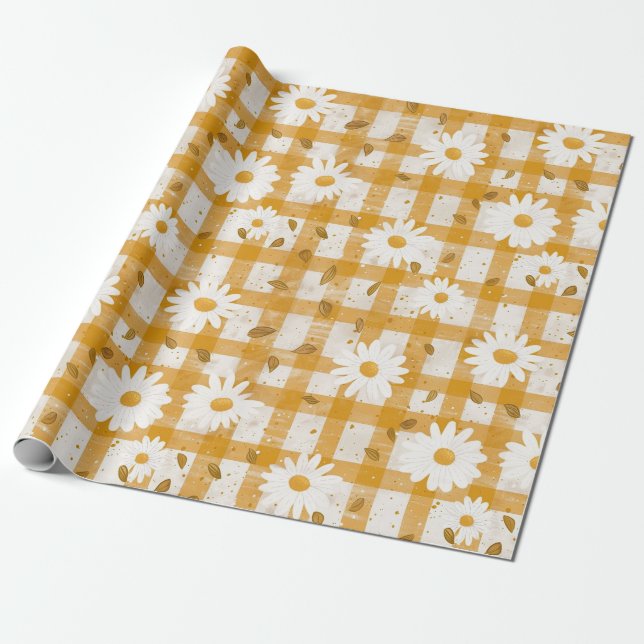 White Daisy Floral Pattern on Yellow Gingham (2) Geschenkpapier (Ungerollt)