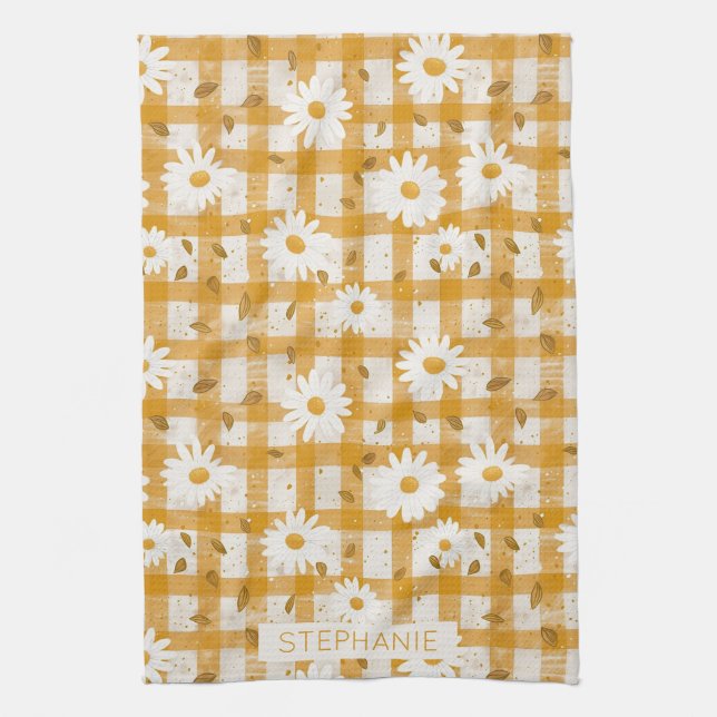 White Daisy Floral Pattern on Yellow Gingham (2) Geschirrtuch (Vertikal)