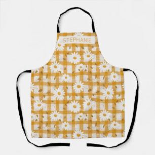 White Daisy Floral Pattern on Yellow Gingham (2) Schürze
