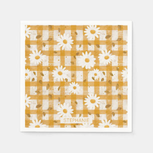 White Daisy Floral Pattern on Yellow Gingham (2) Serviette