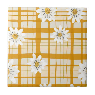 White Daisy Floral Pattern on Yellow Gingham Fliese