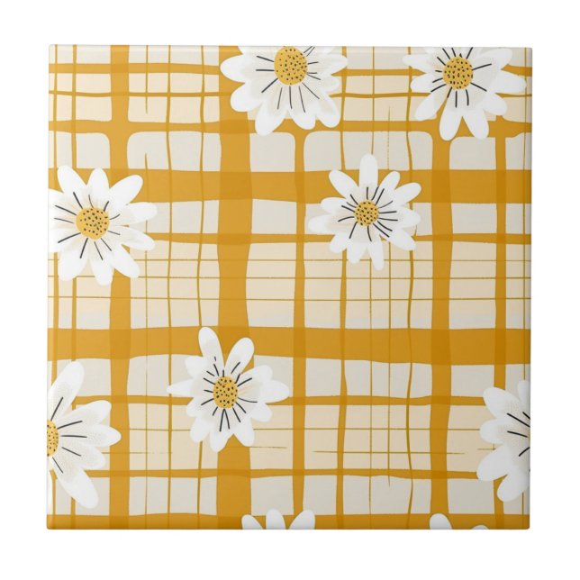 White Daisy Floral Pattern on Yellow Gingham Fliese (Vorderseite)
