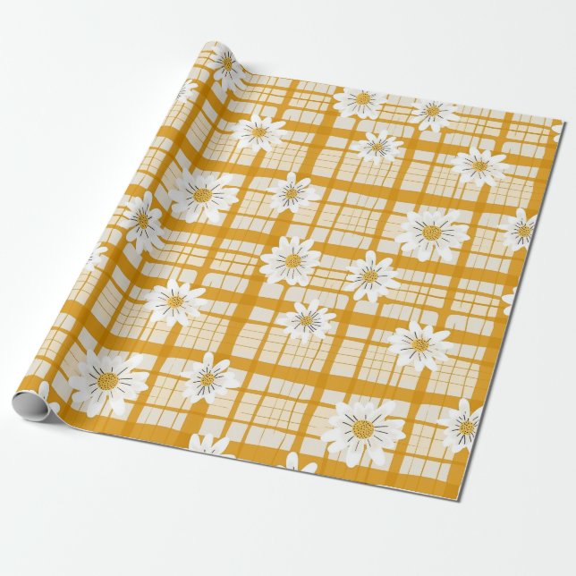 White Daisy Floral Pattern on Yellow Gingham Geschenkpapier (Ungerollt)